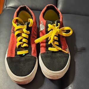 Vans Red and Black Kids Sneakers with Yellow Laces
